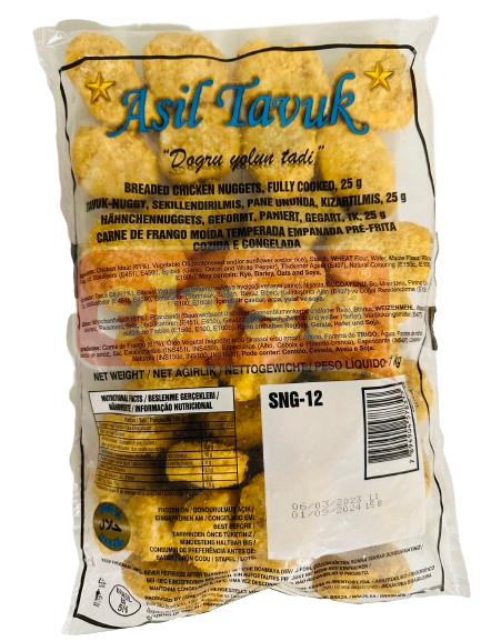 Eine 1-kg-Tüte Asil Elvan Nuggets mit mehrsprachigem Text und einer Nährwertkennzeichnung auf der Verpackung.