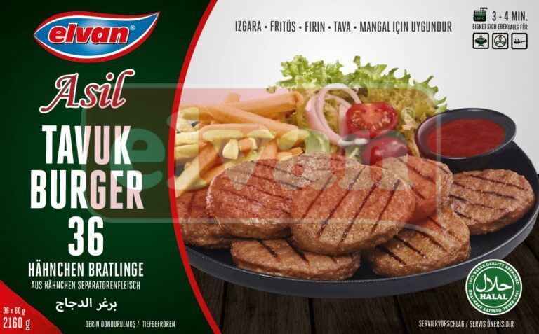 Ein Teller mit gegrillten Hähnchenburger-Patties, Pommes, Gemüse und dem Verpackungstext „Elvan Asil Tavuk Burger 36“.