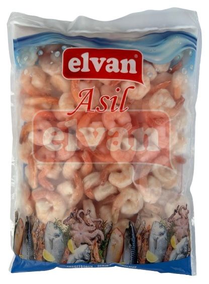Eine Tüte mit gefrorenen Garnelen mit dem Elvan-Asil-Branding und Bildern von Meeresfrüchten auf der Unterseite der Verpackung.