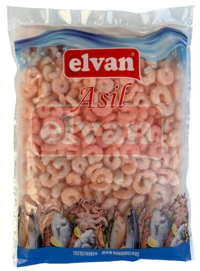 Eine Tüte gefrorene Garnelen von Elvan Asil mit Meeresfrüchtebildern auf der Unterseite der Verpackung.