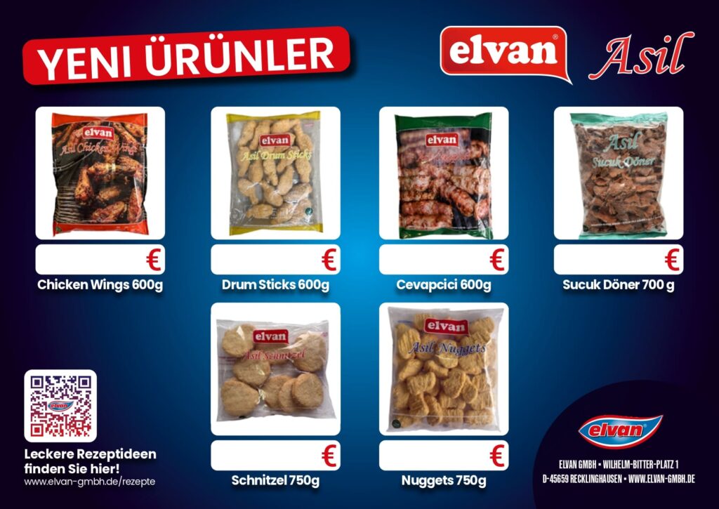 Sechs verpackte Fleischprodukte der Marke Elvan Asil mit Preisen auf blauem Hintergrund.