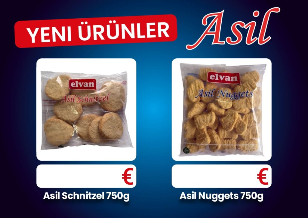 Ausgestellt sind zwei Packungen panierter Hähnchenprodukte der Marke Elvan mit den Aufschriften „Schnitzel“ und „Nuggets“, jeweils 750 g.