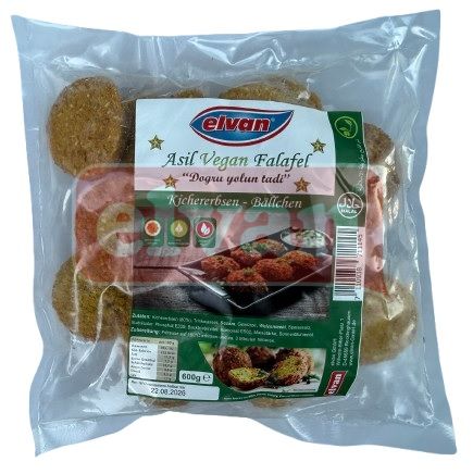 Eine vakuumversiegelte Packung veganer Falafel mit Kichererbsen von Elvan Asil, beschriftet auf Türkisch und Deutsch.