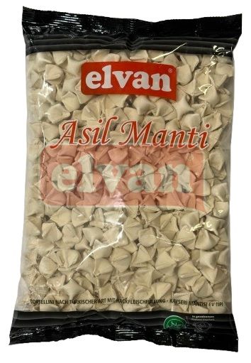 Eine Tüte Elvan Asil Manti, gefüllte Nudeln nach türkischer Art, mit sichtbaren kleinen Knödeln in der Verpackung.