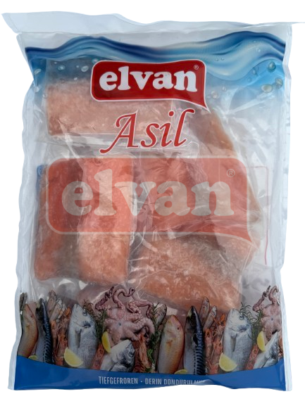 Gefrorene Fischfilets in einer durchsichtigen Verpackung der Marke Elvan Asil mit Bildern von Meeresfrüchten auf der Unterseite.