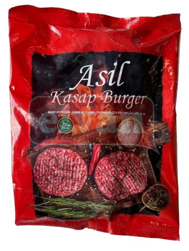Eine rote Verpackung mit der Aufschrift „Asil Kasap Burger“ und Bildern von rohen Hamburger-Patties auf der Vorderseite.