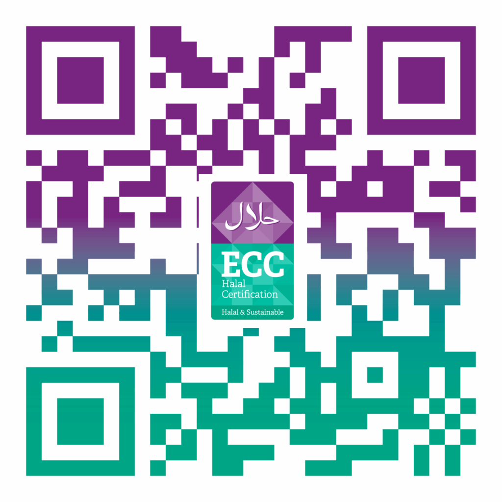 Ein QR-Code mit dem Logo und Text der Halal ECC-Zertifizierung in einem violetten und grünen Farbverlauf.